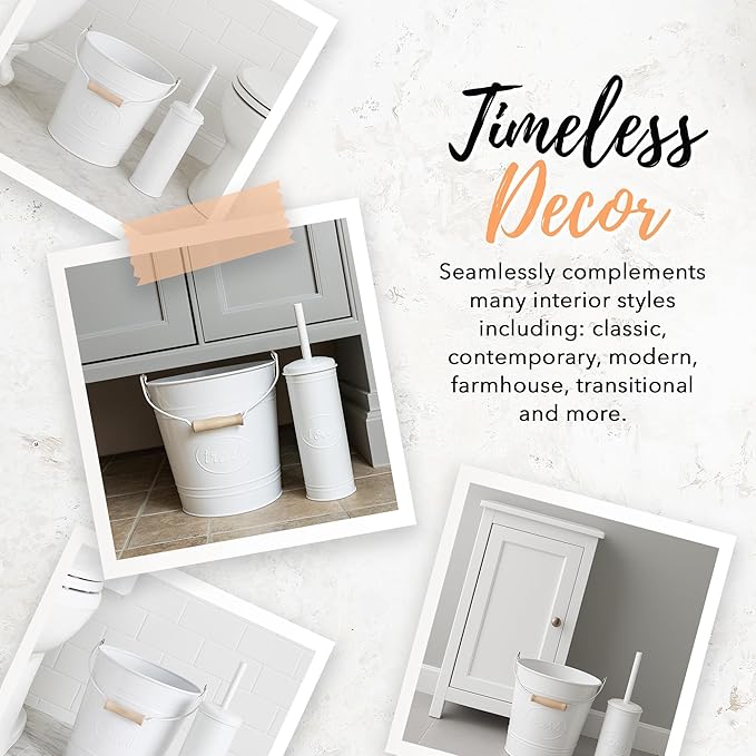 Autumn Alley Rustic Farmhouse White Bathroom Trash Can and Toilet Brush Set – Bathroom Accessories for Modern Farmhouse Charm, White Trash Can with Toilet Brush and Holder, 2 Gal. Capacity