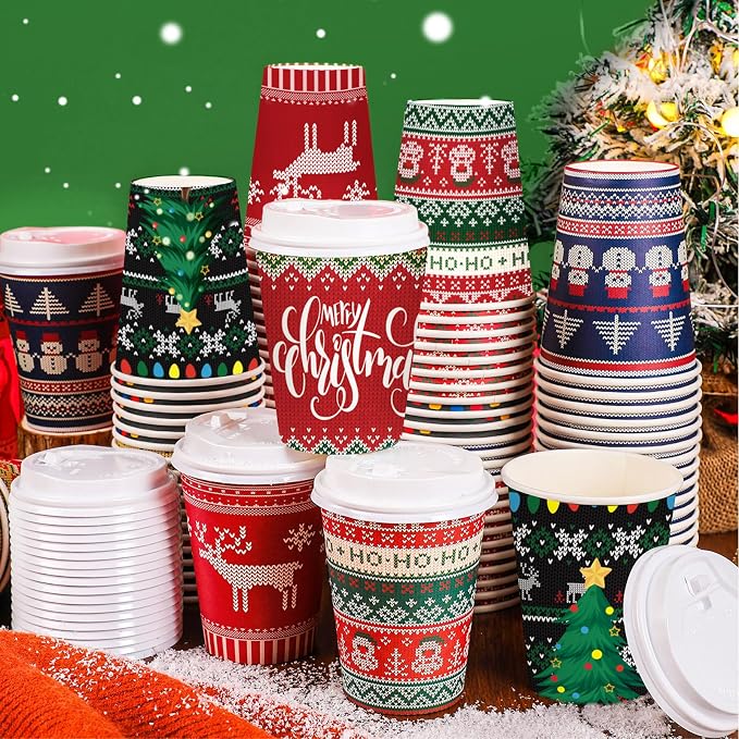 Gerrii 100 Set Christmas Paper Cups Disposable 12 oz with Lids Hot Chocolate Cups Coffee Cups Holiday Hot Cups for Hot and Cold Drinks Tea Water Bar Supplies Winter Season (Ugly Sweater Style)