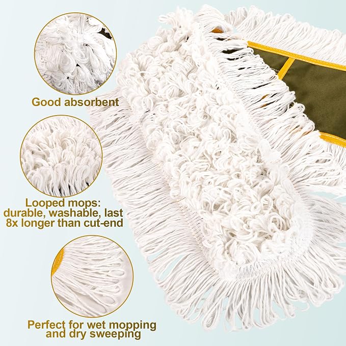 4-Pack 36'' Universal Microfiber and Cotton Mop Pads – Loop End - Easy Zipper - Compatible with Industrial Dust Mops – Reusable Replacement Heads for Commercial Floor Cleaning & Janitorial Supplies