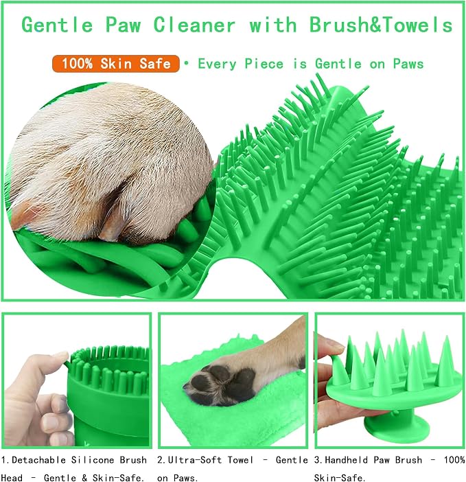 Paw Cleaner for Small/Medium Dogs - Grabs Loose Fur with Top Brush | Clean muddy paws fast. Attached top brush grabs loose fur. No extra tools. Comes with bath brush & 3 towels. Less fur. Green