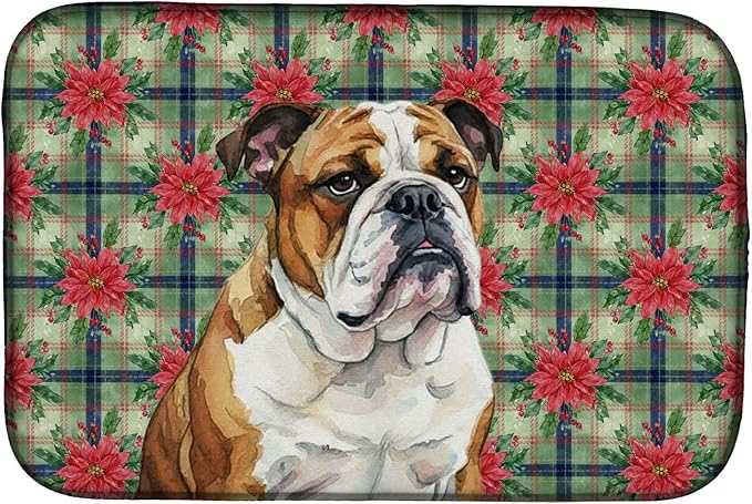 Caroline's Treasures Brindle and White English Bulldog Christmas PoinsettIas Dish Drying Mat Absorbent Dish Drying Mat Pad for Kitchen Counter Dish Drainer Mat for Countertop, 14 x 21", Multicolor