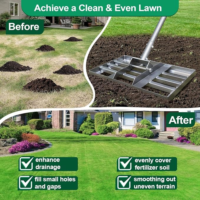 Lawn Leveling Rake, 30" x 10" Heavy Duty Lawn Leveler Tool with Adjustable Handle, Steel Ground Leveling Rake for Spreading Soil, Sand, Compost & Top Dressing, Yard Garden Farm Golf Course Tool