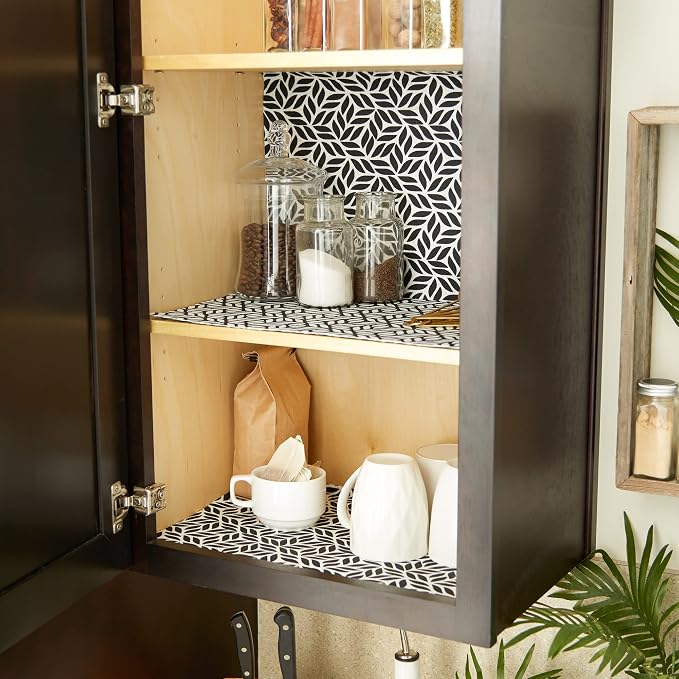 DII Fridge & Shelf Liner Collection Non-Adhesive, Cut to fit, Machine Washable, 12x20, Black Abstract Leaf, 2 Piece