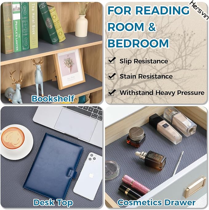 Hersvin Shelf Liners, 18in x 20ft Kitchen Drawer Mats, Non-Adhesive EVA Cupboard Protector, Cabinet Lining (Dark Gray/Dot)
