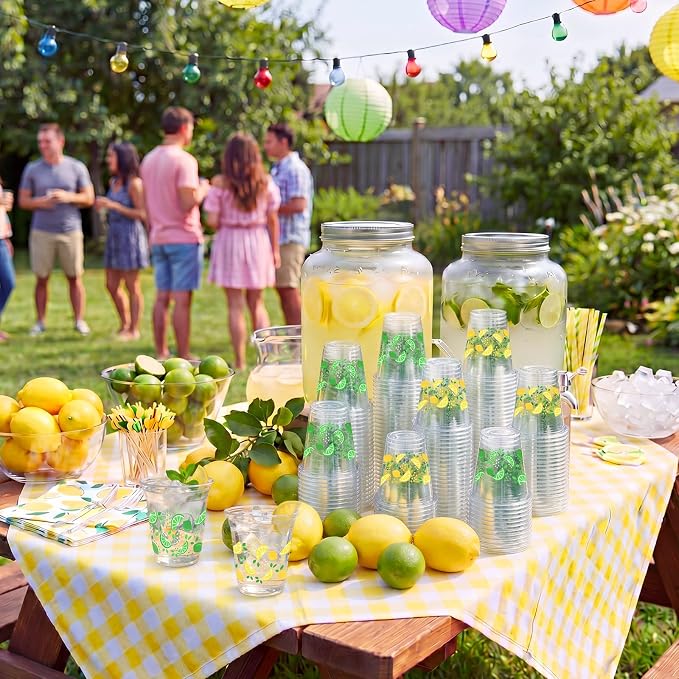 Uiifan 50 Pcs Lemon Plastic Cups 12 oz Lemonade Stand Supplies Green Yellow Lime Lemon Disposable Clear Drinking Cup Summer Hawaiian Luau Party Decoration for Birthday Wedding Bridal Baby Shower Party