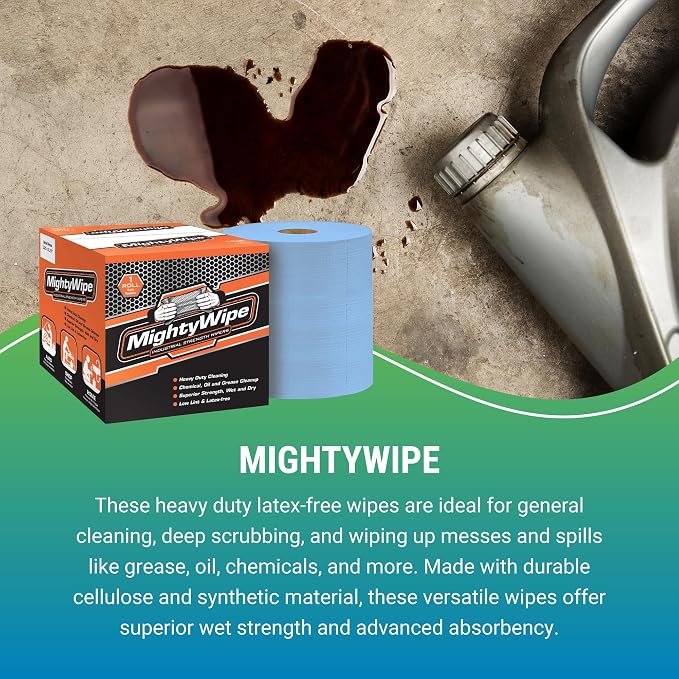 Berk Wiper MIGHTYWIPE - Advanced Heavy Weight Disposable Wipes (475 Heavy Duty Wipers) Latex-Free and Low-Lint for Effective Wiping - Blue Fold Jumbo Roll Paper towel (12 x 12), 1 Perforated Roll