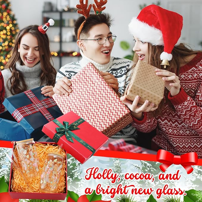 Sliner 2 Pcs Gingerbread Glass Cups Summer Christmas Tumbler with Lid Straw Xmas Drinking Glasses 16 oz Iced Coffee Cup with Cleaning Brush Beer Can Tumbler Cute Holiday Gifts