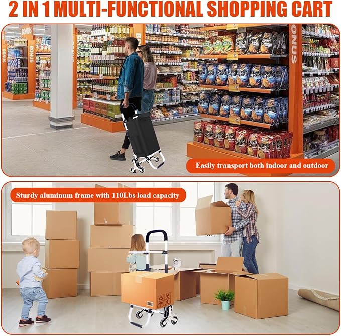 2 in 1 Shopping Cart for Groceries, 110 lbs Grocery Cart on Wheels, Foldable Shopping Cart with 6 Wheels, Load-Bearing Hand Truck with Black Waterproof Bag for Shopping, Camping, Garden