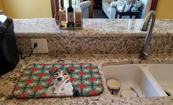Caroline's Treasures Tricolor Russell Terrier Christmas PoinsettIas Dish Drying Mat Absorbent Dish Drying Mat Pad for Kitchen Counter Dish Drainer Mat for Countertop, 14 x 21", Multicolor