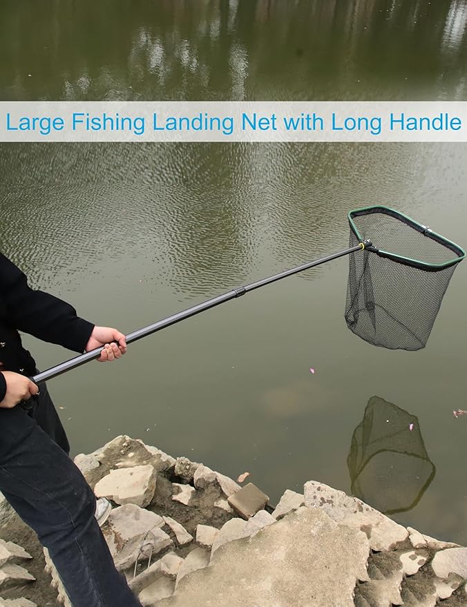 Saltwater Large Fishing Net with Handle 75.8"-105.7" - Extra Large Rubber Fishing Landing Net with Telescoping Handle Fish Net, Aluminum Half Folding Nets, Depth 26.8in
