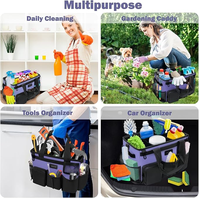 Wearable Cleaning Caddy Bag,Cleaning Supply Tote for Cleaning Supplies, Cleaning Organizer with Adjustable Shoulder and Waist Straps for Cleaners & Housekeepers (Purple and Black, Large)