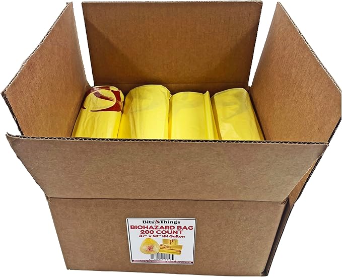 Bits N Things Infectious Biohazard Yellow Waste Bags Hazardous Trash Can Liners | Medical Grade No Leak Bags | Great for Lab Containers, Swabs, Pads, Gloves | 200 Count - 37" x 50" (44 Gallon)