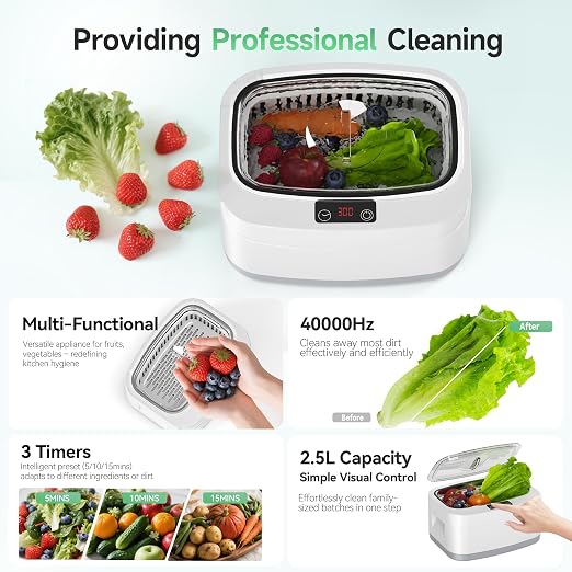 KUNPHY Fruit and Vegetable Washing Machine, Fruit Cleaner 2.5L 40kHz, 3 Timers Ultrasonic Vegetable Cleaner for Family Cleaning