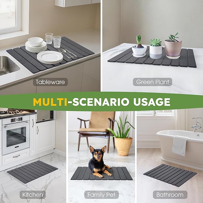 HABUTWAY Large Stone Dish Drying Mat for Kitchen Counter – 24"×16" Collapsible Diatomaceous Earth Mat, Ultra Absorbent & Quick Dry, Foldable Drying Pad for Dishes, Bottles, Cups (Dark Grey)