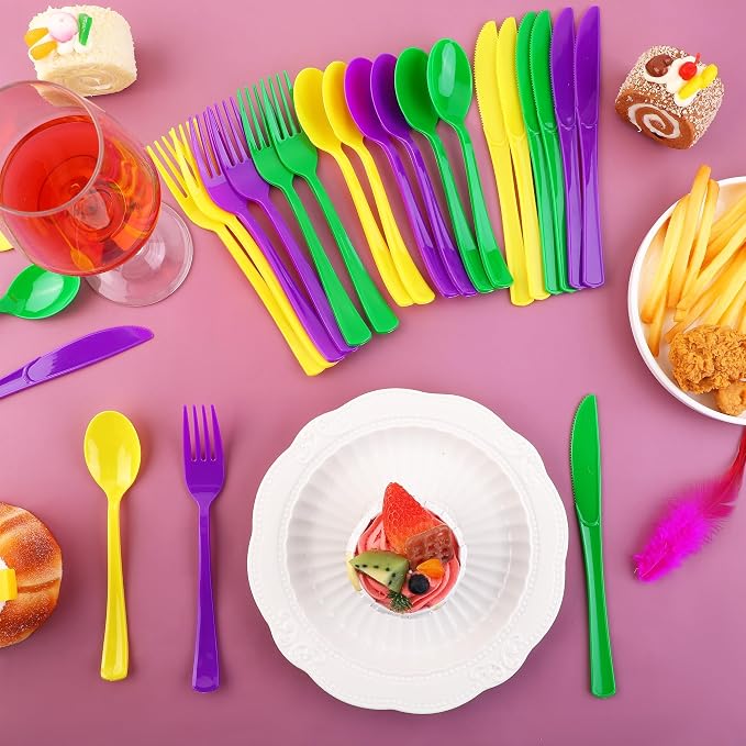 Kochorie 300 Pieces Mardi Gras Plastic Silverware, Disposable Plastic Masquerade Utensils Heavy Duty Cutlery Set Include Spoons Forks Knives for Carnival Birthday Mardi Gras Party, Purple Yellow Green