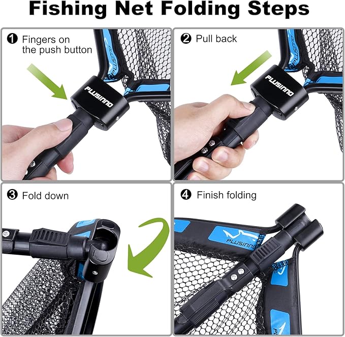 PLUSINNO Floating Fishing Net for Steelhead, Salmon, Fly, Kayak, Catfish, Bass, Trout Fishing, Rubber Coated Foldable Landing Net with Fixed or Telescoping Pole Handle, Fishing Gear and Gifts for Men
