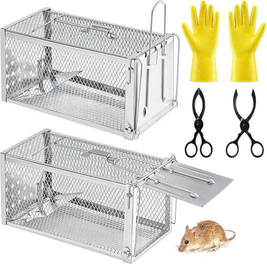 2 Pack Humane Rat Trap Cage, Live Chipmunk Rodent Cage Indoor Outdoor, Reusable Metal Mouse Trap for Rats, Mice, Squirrels