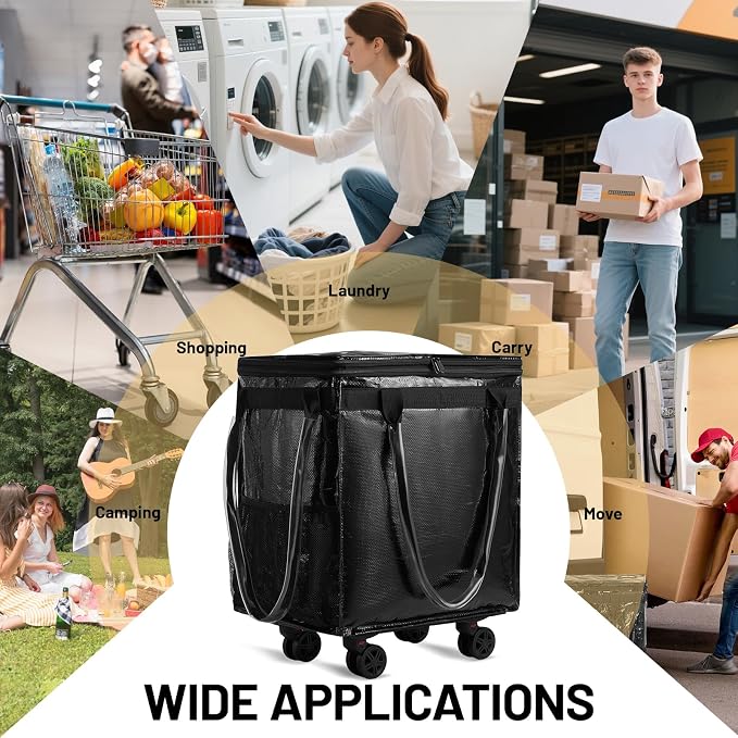 Fanwoli Reusable Grocery Bag with Wheels: Foldable Rolling Tote Bag with Removable Wheels and 4 Handles - 66L Large Capacity Shopping Bag for Groceries, Laundry, Trunk Storage