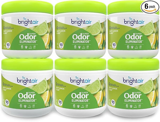 Bright Air 14 oz. Super Odor Eliminator, For Medium-Size Spaces, Zesty Lemon & Lime Scent, Case of 6, Air Freshener, Natural Essential Oils, Lasts Up to 90 Days Each