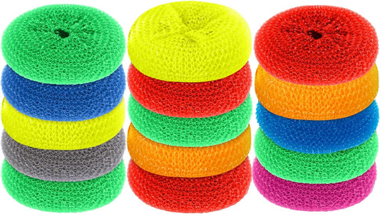 Blulu Plastic Dish Scrubbers for Dishes Pot Round Nylon Pad, Mesh Scouring Non Scratch Pads(Rainbow Colors,15 Pieces)