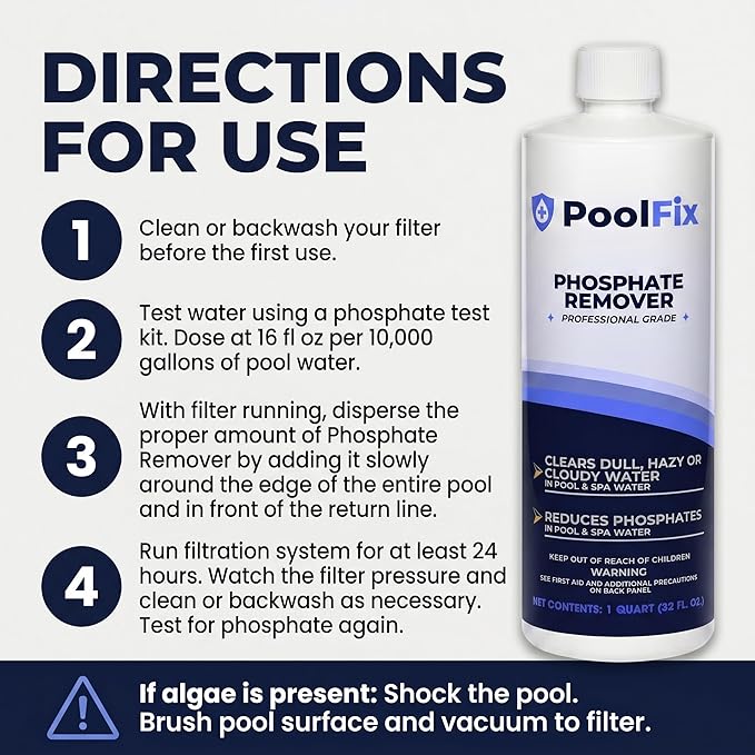 Phosphate Remover – 1 Quart Reduces Phosphates for Cleaner, Clearer Water & Improved Pool Clarity | Professional Grade - 32 oz Bottle