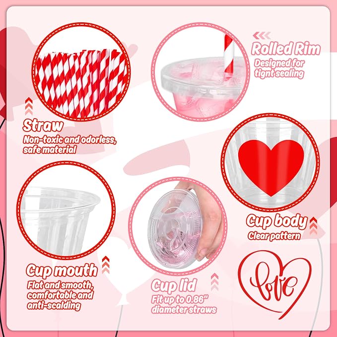 Whaline 100 Pcs 9 Oz Valentine's Day Disposable Plastic Cups with Lids and Straws Red Heart Cold Beverage Valentine Love Heart Drinking Cups Iced Coffee Juice Tea Cup for Wedding Whiskey Party Favors