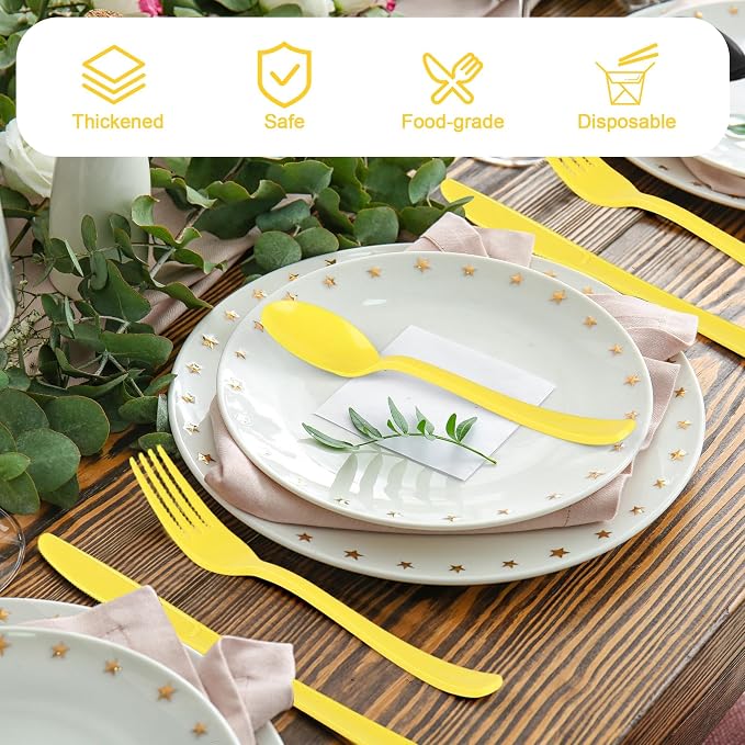 Kochorie 300 Pieces Graduation Yellow Plastic Silverware, Disposable Plastic Utensils, Heavy Duty Cutlery Set Heavyweight Flatware Includes Spoons Forks Knives for Birthday Party Wedding Dinner