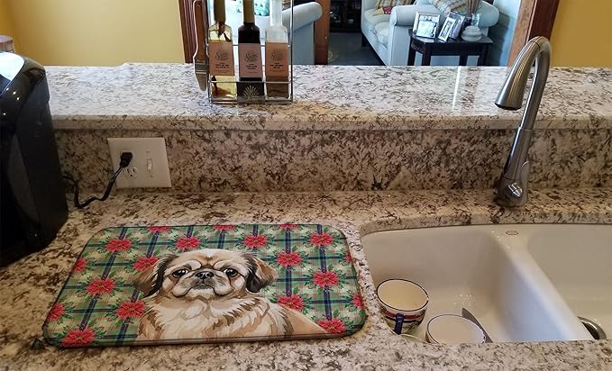 Caroline's Treasures Sable Pekingese Christmas PoinsettIas Dish Drying Mat Absorbent Dish Drying Mat Pad for Kitchen Counter Dish Drainer Mat for Countertop, 14 x 21", Multicolor