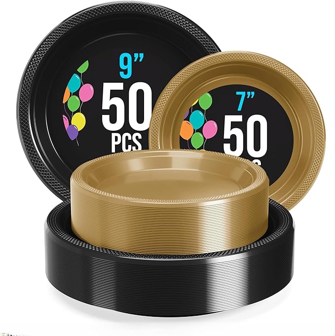 Party Solids Black & Gold Plates Disposable Black & Gold Plastic Plates 100 Pieces - 50-7" & 50-9" Heavy Duty 350 GSM Disposable Dinnerware Sets, Plastic Dinnerware Sets