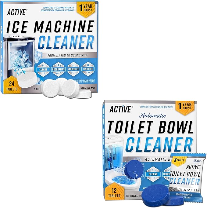 ACTIVE Ice Machine Cleaner Tablets and Automatic Toilet Bowl Cleaner - Includes 24ct Ice Maker Cleaning Tablets and 12pk Auto Blue Toilet Bowl Cleaning Tabs