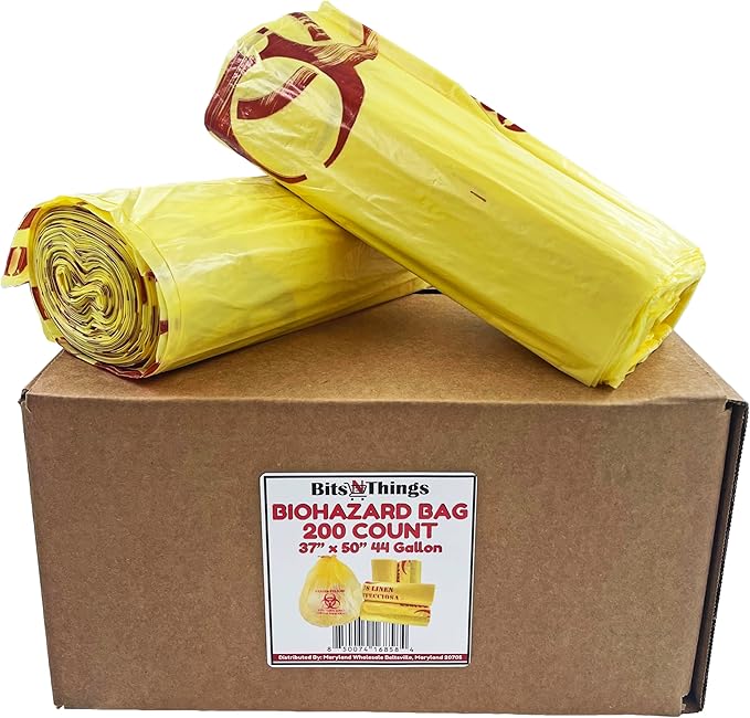 Bits N Things Infectious Biohazard Yellow Waste Bags Hazardous Trash Can Liners | Medical Grade No Leak Bags | Great for Lab Containers, Swabs, Pads, Gloves | 200 Count - 37" x 50" (44 Gallon)