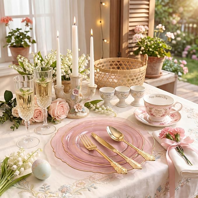 KIRE 210Pcs Clear Pink Plastic Plates with Gold Rim - Disposable Pink Plates for Party - 30 for Dinner 30 for Dessert 90 Silverware 30 Napkins 30Cups for Upscale Wedding/Party/Baby Shower