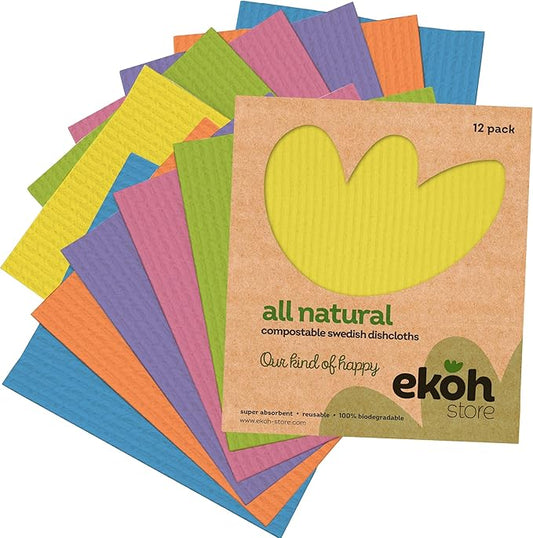 Swedish Dish Cloths Compostable Sponge Cloth 12 Pack | Solid Assorted Happy Colours | Reusable Cleaning Hand Towel Bulk Buy | for Kitchen, Counters & Washing Dishes | Eco-Friendly Cellulose Cotton