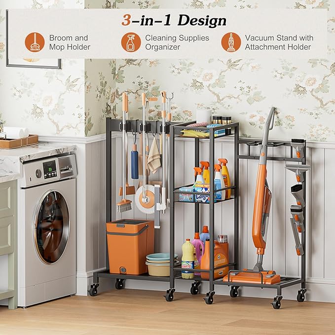 Broom and Mop Holder with Cleaning Supplies Organizer