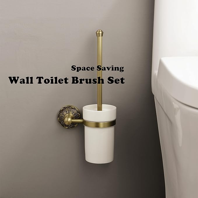 Antique Brass Toilet Brush and Holder, Bathroom Wall Mounted Toilet Bowl Brush with Canister, Vintage Gold Decorative Bathroom Accessories, Ceramic and Brass, Petal-Relief Series