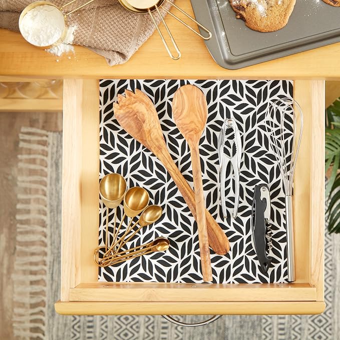 DII Fridge & Shelf Liner Collection Non-Adhesive, Cut to fit, Machine Washable, 12x20, Black Abstract Leaf, 2 Piece
