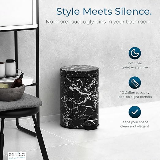 Sanilo Small Bathroom Trash Can with Lid [1.3 Gallon] - Lidded Tiny Trashcan for Garbage - Mini Metal Bin with Soft Closing Mechanism - Bath Room Accessoire Wastebin with Inner Bucket (Marble Black)