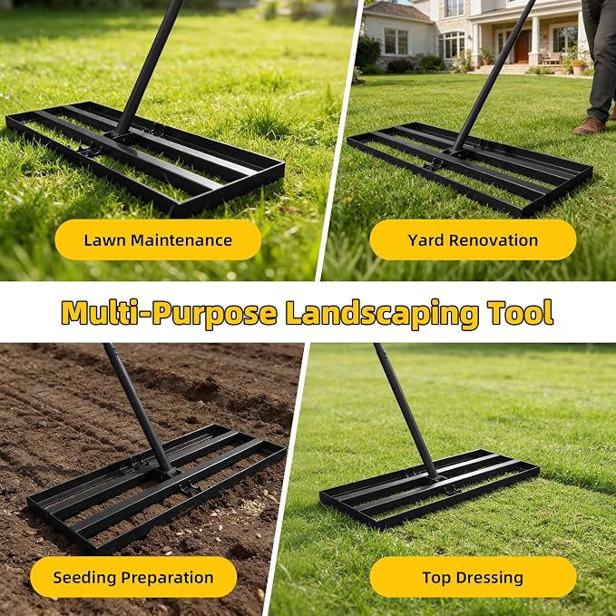 Stainless Steel Lawn Leveling Rake with 70" Adjustable Long Handle – 30"×10" Lawn Leveler for Yard & Garden Soil Leveling, Heavy Duty Top Dressing Rake for Lawn Repair, Landscaping & Grass Care