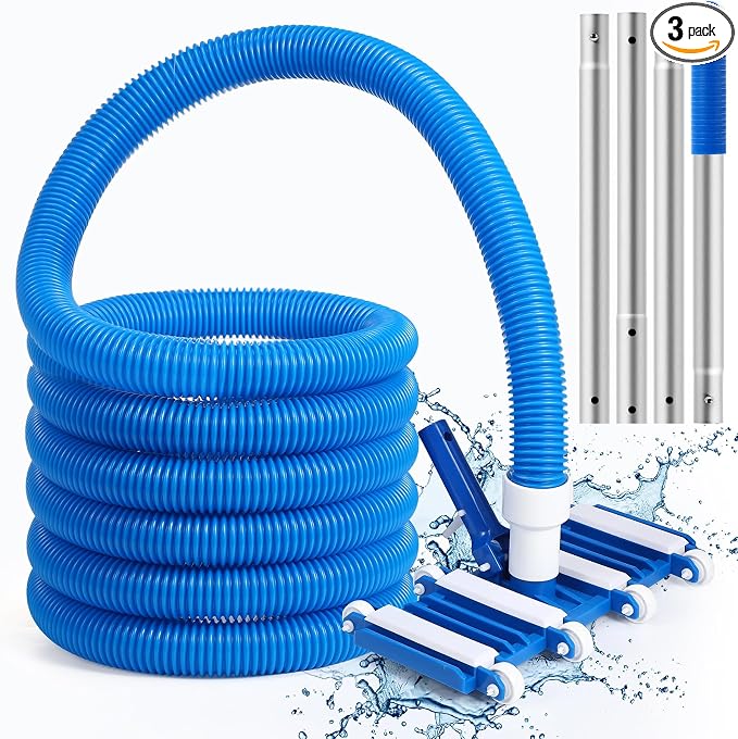3 Pcs Pool Vacuum Kits Include 14" Vacuum Head with 47" Adjustable Pole with 1-1/2" x 18ft Long Hoses Flexible Head with Wheels for Above Ground Inground Pond Spa Hot Tub