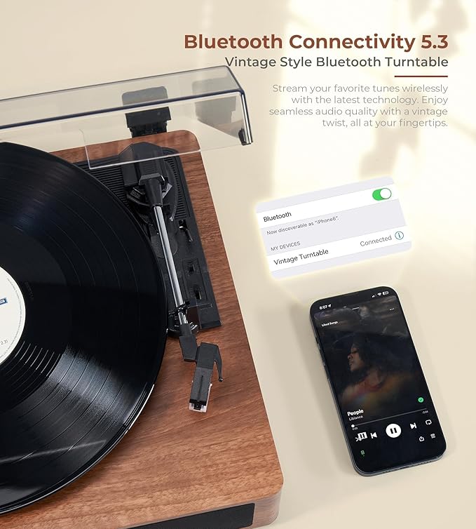 Vangoa Vinyl Record Player with External Speakers, 3 Speed Belt-Drive Turntable for Vinyl Records, Portable Bluetooth LP Players, Walnut Wood Vintage Record Player for 33/45/78 RPM, Auto Stop