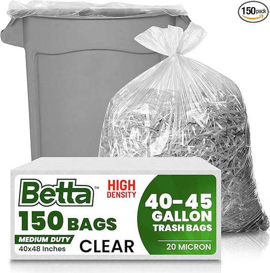 Betta 40-45 Gallon Clear High-Density Trash Bags, 150 Count Box, (40x48-inch) Commercial Medium-Duty Garbage Can Liners