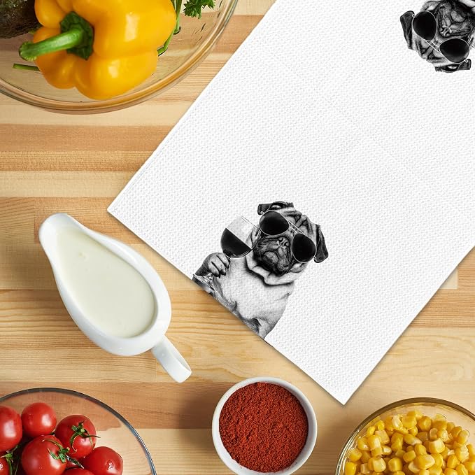 Funny Pug Wine Kitchen Towels, Gifts for Dog Wine Lovers, Bar Accessories Dish Tea Towels for Kitchen, Dog Owners Housewarming Gift Decorative Hand Towel 16x24 Inch
