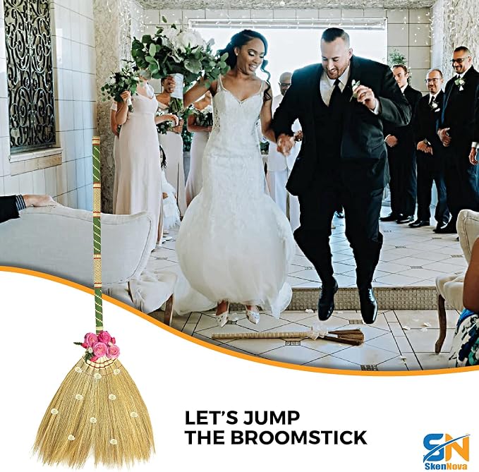 Natural Grass Thai Broom Vintage Retro Embroidered Woven Nylon, Handmade Broom, Housewarming Gift, Witch Broom, Broomstick Bamboo Stick Handle, Kong Grass Broom, Durable Broom for Indoor & Outdoor