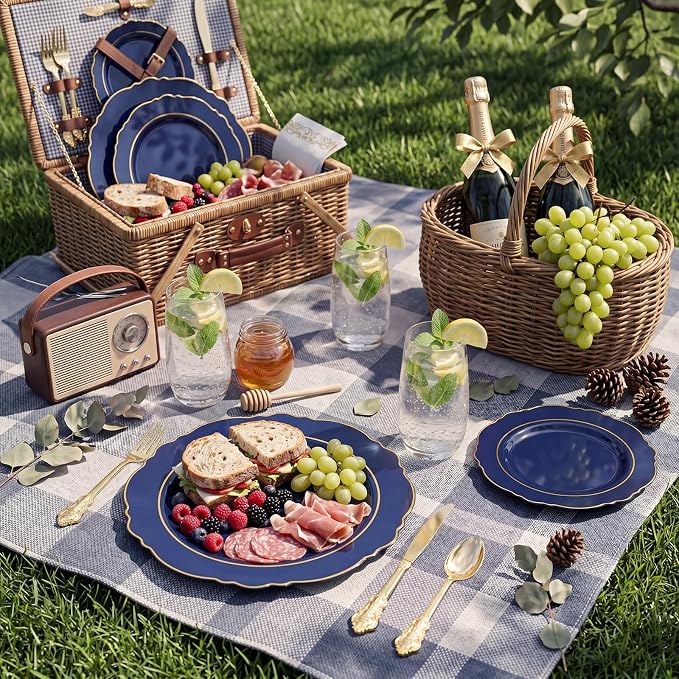 KIRE 210Pcs Navy Blue Plastic Plates - Blue and Gold Plates Disposable - 30guest Baroque Plastic Dinnerware for Upscale Wedding/Parties/4th of July