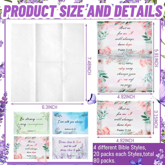 TaoBary 80 Pack Christian Pocket Tissues for Wedding Guests Scripture Flowers Pocket Tissues Travel Packs Inspirational Bible Verse 3 Ply Soft Facial Napkin for Wedding Travelling Ceremony Supplies