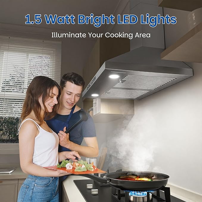 FIREGAS Wall Mount Range Hood 30 Inch, 900 CFM Ducted Kitchen Hood 3-Speed Exhaust Fan, Gesture/Touch Control, Timer, 2 Baffle Filters, Stainless Steel Stove Vent Hood