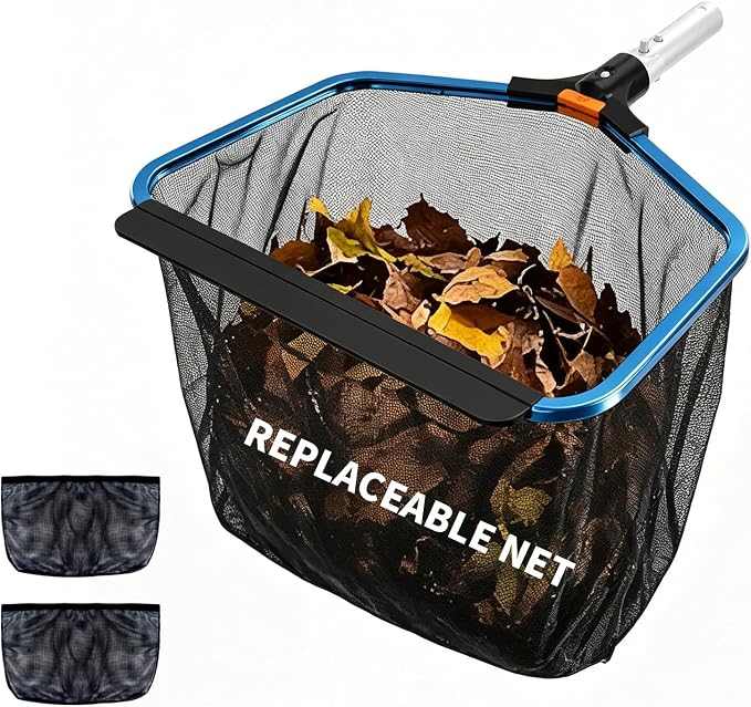 YASHINE Pool Skimmer with 2 Nets, Reinforced Aluminum Frame, Heavy Duty Deep Leaf Rake with Replaceable Net Bag, Deep Trash Bag, Pool Cleaning Net Fits Standard Pool Poles(No Pole)