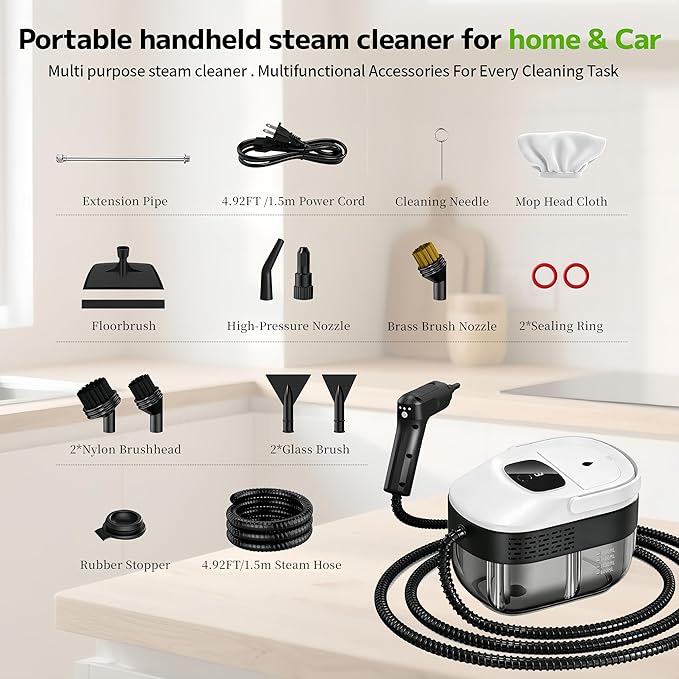 Pressurized Handheld Steam Cleaner 2500W, 54oz Large-Capacity Steamer with 3-Level Adjustable Steam, 15s Heat-Up & 15Pcs Accessories – for Car, Tile, Grout, Couch, Floor, Bed, Dirt, Furniture