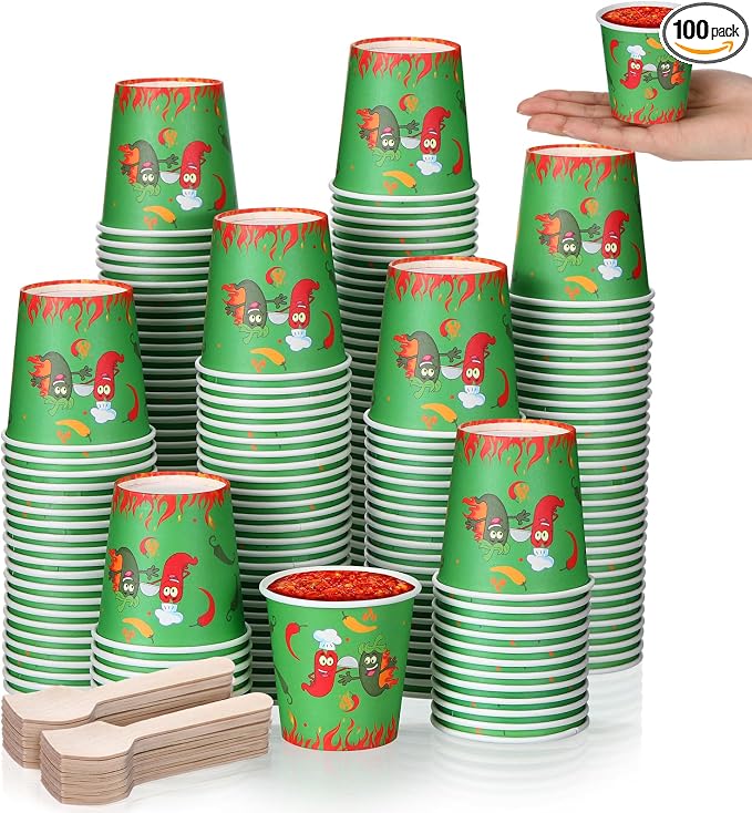 Teenyyou 100 Pcs 5 oz Chili Cook off Party Decorations Mini Chili Cook off Tasting Cups Disposable Sample Paper Cup Bowls and Wooden Spoons for Pepper Competition Prizes Party Cooking Supplies, Green