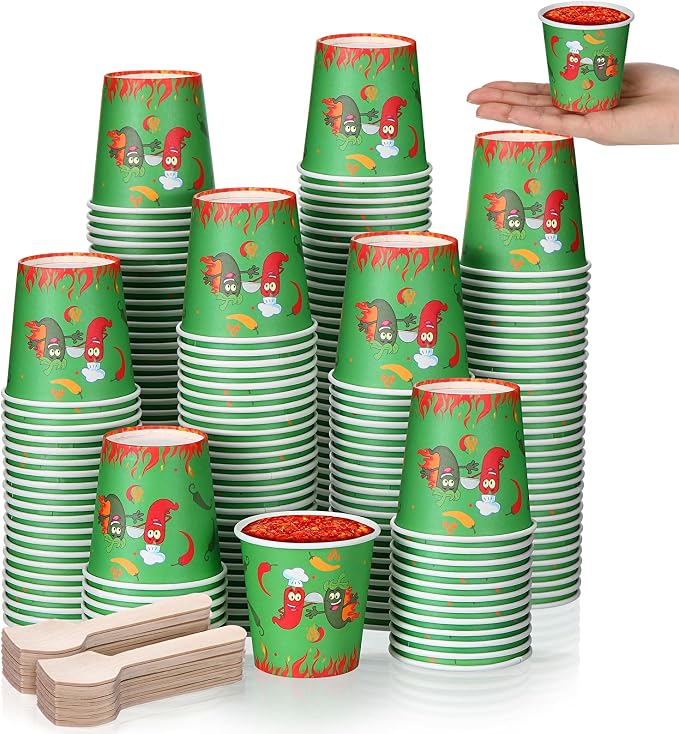 Teenyyou 400 Pcs 5 oz Chili Cook off Party Decorations Mini Chili Cook off Tasting Cups Disposable Sample Paper Cup Bowls and Wooden Spoons for Pepper Competition Prizes Party Cooking Supplies, Green